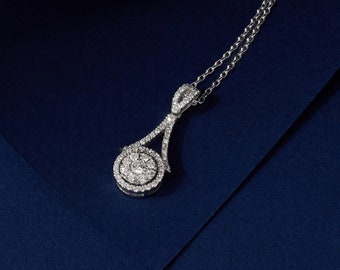 Unique Design Geniue Diamond Drop Necklace in 14K Gold/ Engage Wedding Diamond Jewelry/ Diamond Pendant / Bridal Jewelry/ Anniversary Gift