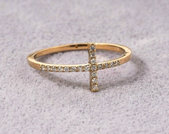 Diamond Cross Ring/ 14k Gold Cross Diamond Ring/ Minimalistic Jewelry/ Anniversary Gift Ring/ Birthday Gifted Jewelry/ Religious Jewelry
