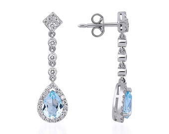 Pear Cut Aquamarine Dropping Earrings/Aquamarine with Diamond Earrings/ Bridal Wedding Jewelry/ March Birthstone/ Anniversary Gift For Her