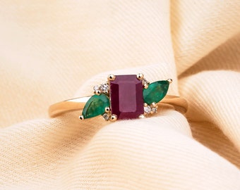 Natural Rectangular Cut Ruby Ring/ Pear Shaped Emerald With Ruby/ Three Stone Ring/ July Birthstone/ Anniversary Gift/ Bridal Wedding Gift