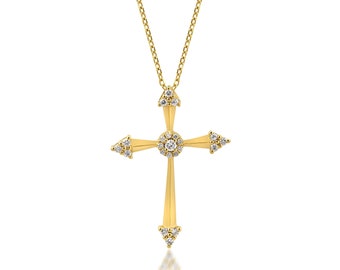 Unique Diamond Cross Necklace/ Dainty Diamond Cross Pendant in 14K Gold/ Religious Necklace Jewelry/ Baptism Gift/ Christmas Gift For Her