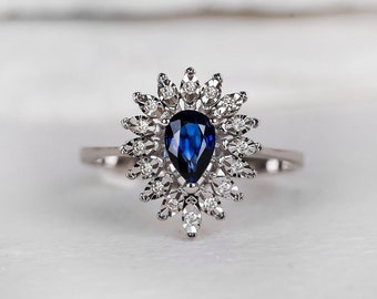 Blue Sapphire Diamonds Halo Ring/ Natural Sapphire With Marquise Cut Diamond/ Personalized Ring Anniversary Gift/ September birthstone