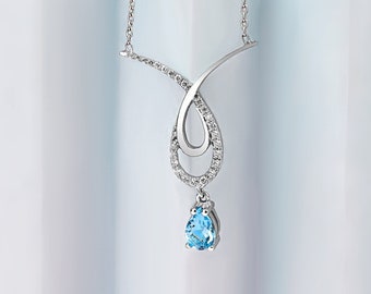 Blue Topaz Necklace With Diamonds/ Pear Shape Blue Topaz Necklace/ Artful Gemstone Necklace/ Artdeco Gemstone Necklace/ Birthday Gift