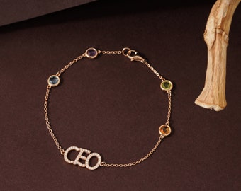 Custom Diamond Letter Bracelet/ Gemstone Bracelet in 14K Gold/ Minimalistic Gold Bracelet/ Anniversary Gift/ Personalized Gift For Her