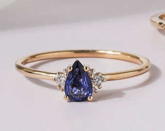 Natutal Pear Cut Blue Sapphire With Diamonds Ring/ Art Deco Blue Sapphire Ring/ Christmas Ring Gift/ Gemstone Engage Ring/ Anniversary Gift