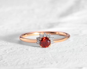 Minimalist Red Garnet Ring with Diamonds, 14K Rose Gold Crown Ring, January Birthstone, Gemstone Half Halo Ring, wedding gift engagement