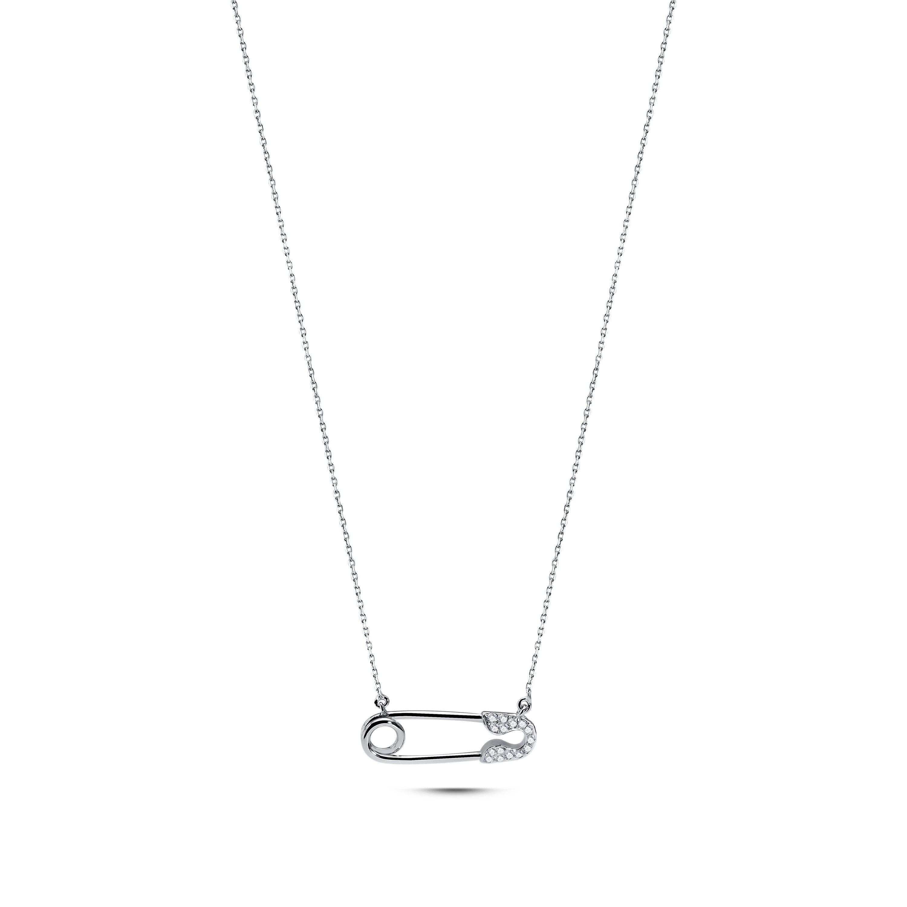 Diamond Safety Pin Necklace/ Safety Pin Pendant/ 14K White Gold Micro