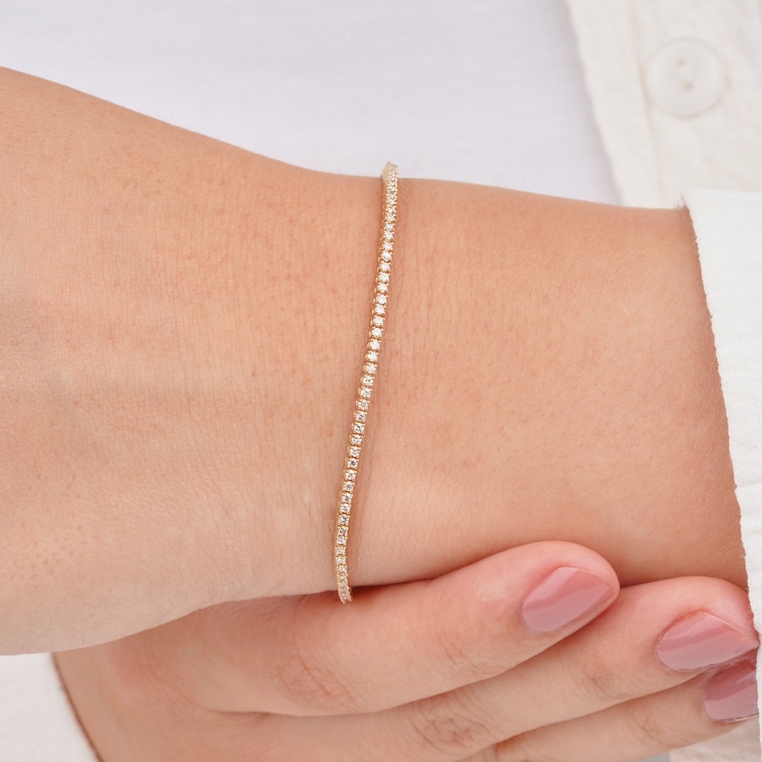 Pulsera de tenis de diamantes naturales de talla redonda de oro de 18 quilates y 7 quilates en oro blanco de 18 quilates / 7 pulgadas, 3,3 mm, estilo caja, pulsera de