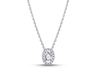 Oval Cut Diamond Halo Necklace/ CTW 0.37 Natural Diamond Pendant in Solid Gold/ Modern Minimalistic Diamond Necklace/ Wedding Bridal Jewelry