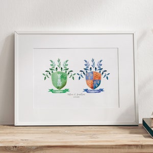 Custom Watercolour Double Coat of Arms | Personalised Family Crest Wedding, Engagement, Anniversary, New Home Gift - Made in Ireland