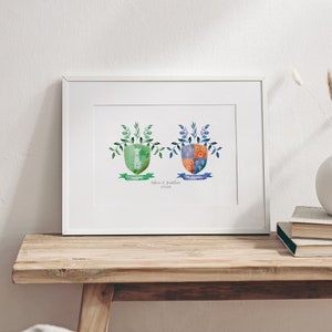 Custom Watercolour Double Coat of Arms | Personalised Family Crest Wedding, Engagement, Anniversary, New Home Gift - Made in Ireland