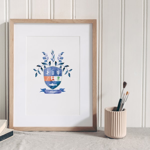 Benutzerdefinierte Aquarell Einzelwappen | Personalisiertes Familienwappen - Geburtstag, Hochzeit, neues Zuhause, Jubiläum, Familiengeschenk - Made in Irland