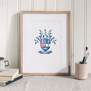 Stampa ad acquerello personalizzata con stemma di famiglia irlandese - Stemma personalizzato / Regalo di araldica moderna per matrimonio, anniversario, casa