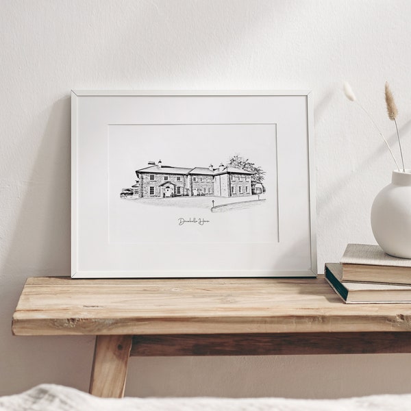 Croquis du lieu de Drumhalla House | Cadeau de mariage personnalisé | Illustration personnalisée | Souvenir d’anniversaire | Cadeau de Noël pour les couples