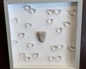 Valentine's Day Heart Glass And Stone Wall Art Shadow Box Frame Gray White Love