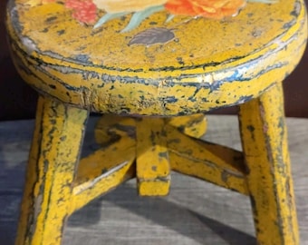 Wood Yellow Plant Stand Painted Distressed Stool Cottagecore Small 9" Floral