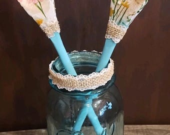 Vintage Farmhouse Cottagecore Blue Canning Jar & Painted Floral Wooden Spoons