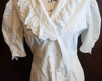 Vintage Cottagecore Coquette Lace Ruffle Puff Sleeve Blouse Size 8 Medium White