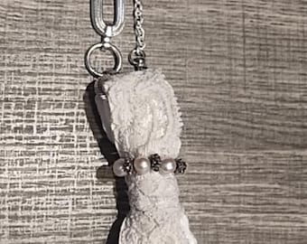Lace Cross pearl  bag Charm Purse Coquette feminine Christian Clip Silver Tone Ivory White Rear view