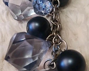 Faceted Beads bag charm Purse Brooch pin Silver Handmade Light blue navy dangle