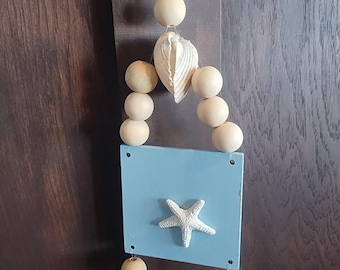 Driftwood Art Wood Bead Mobile Shells Coastal Art Beach Natural hanging blue