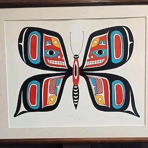 Signed Vintage Framed Print Haida Black Red Butterfly Art Colorful 21 x 17