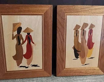 VINTAGE Asian women Friends WOOD inlay MARQUETRY Pair Set Small Framed Wall Art