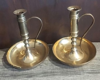 Pair of Large Brass Chamber Stick Candlestick Holder Handle 8" high 6" diameter