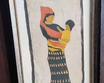 Vintage Batik Eastern Tamang Nepal Mother & Child Framed Wall Art Mother's Day
