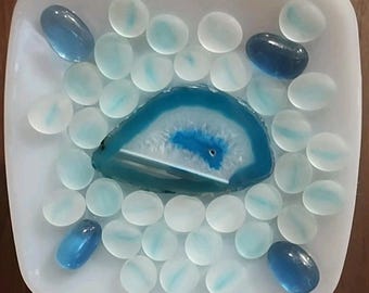 Blue Wall Hanging Glass Bead & Agate Slab mosaic small turquoise Light Blue Teal