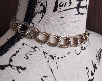 Double Curb Link Chain Shiny Gold Tone Choker Necklace Chic chunky 15" Vintage