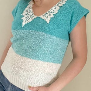 True Vintage 80&#39;s Blue Sweater Tee with Lace Collar