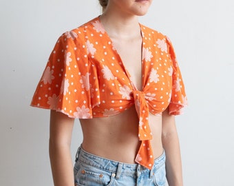 Hand Made Butterfly Sleeve Tie Closure Crop Top Made with Vintage 70's Fabric Using 70's Sewing Pattern