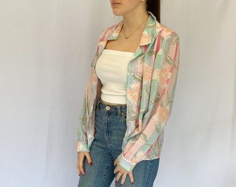 Vintage 80's Pastel Floral Button Up Collared Blouse