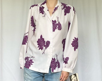 Vintage 70&#39;s Deadstock Purple and White Floral Button Up Blouse