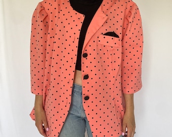 Vintage 80's Hot Pink and Black Polka Dot Button Up Blouse