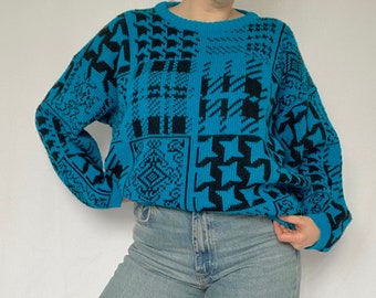 Vintage 80's Blue Multi Pattern Knit Crew Neck Pullover Sweater