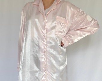 Vintage 80's Pale Pink Striped Satin Button-Up Night Shirt