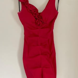 True Vintage 90&#39;s Red Ruched Sleeveless Mini Dress with Rose Details