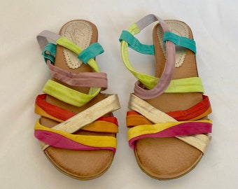 Vintage 90&#39;s Rainbow Strap Sling Back Sandals