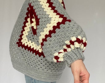 Vintage Hand Knit Grey Granny Square Crochet Cardigan