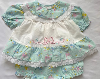 Vintage 80's Blue Floral Baby Dress with Matching Bloomers