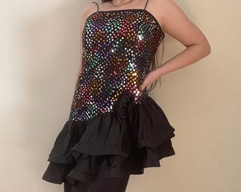 True Vintage 80's Drop Waist Colourful Sequin Party Dress with Black Ruffle Skirt