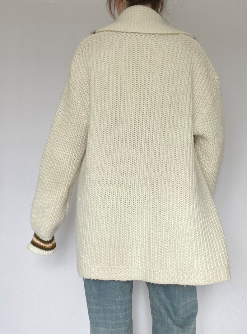 Vtg 70s 'Jesus' White Stripe Blue Red Full-Zip Tight Knit Casual Cardigan 10/12