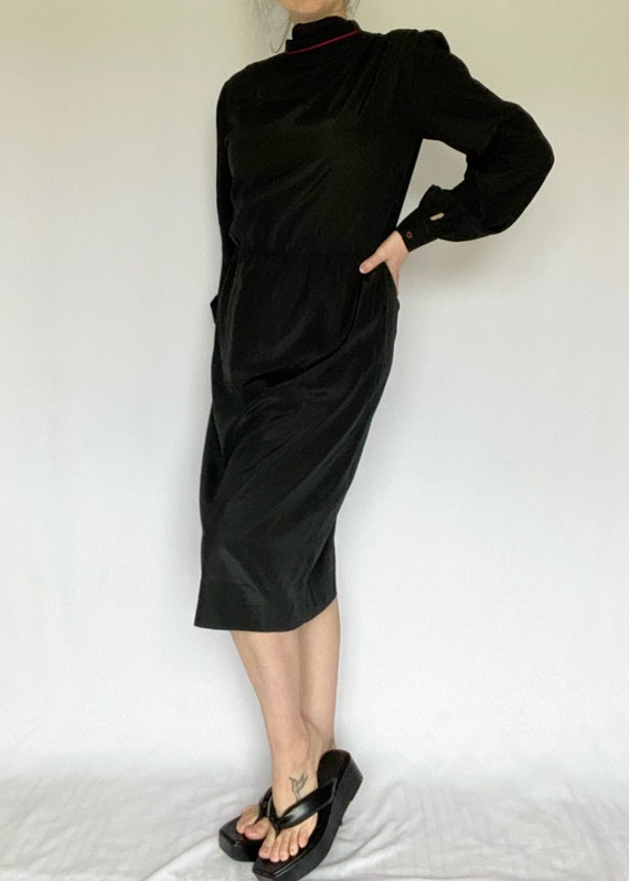 Vintage 70's Black Long Sleeve Dress with Pussy B… - image 1