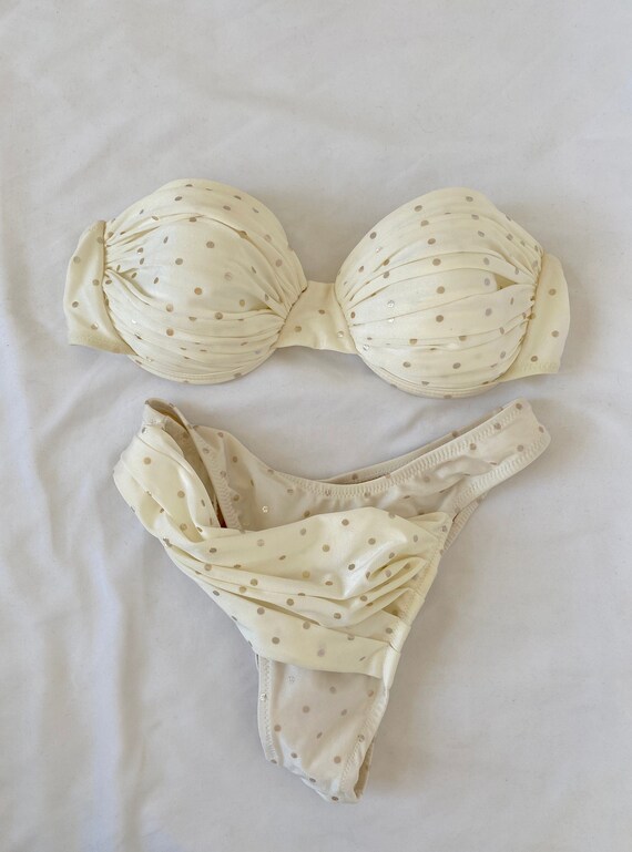 Vintage 80's Ivory and Gold Polka Dot Strapless Hi