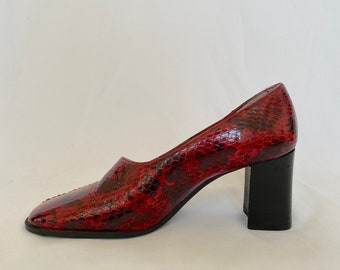 Vintage 90&#39;s Red Snake Print Heeled Loafers