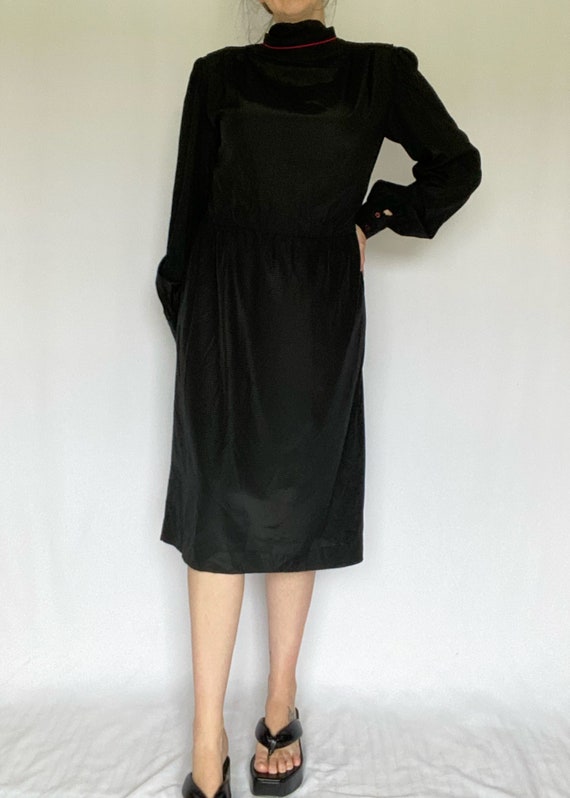 Vintage 70's Black Long Sleeve Dress with Pussy B… - image 3