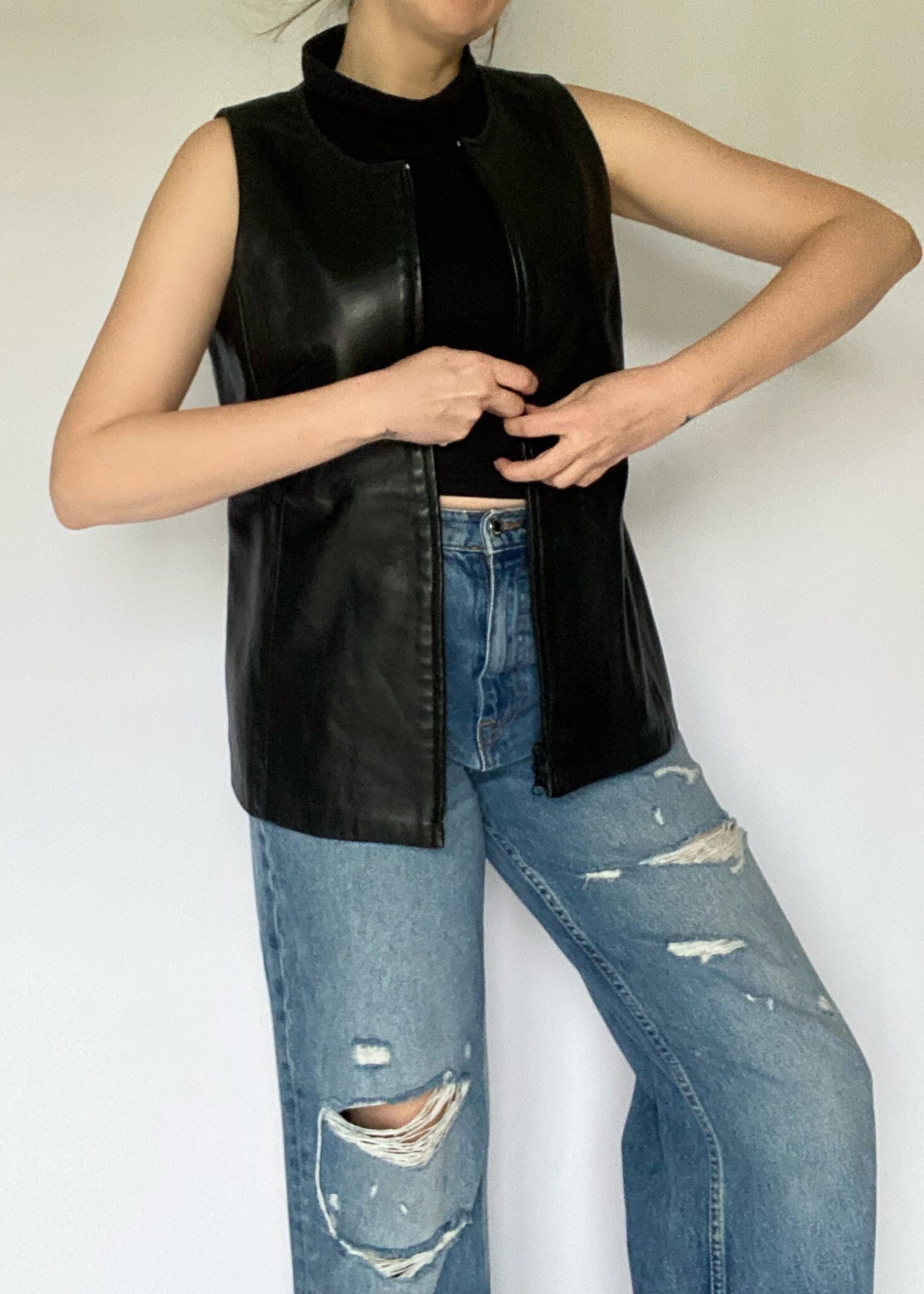 Black Real Leather Vest Woman Ruffles Sleeveless Real Leather