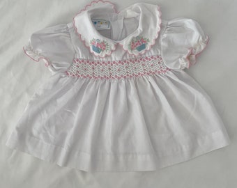 Vintage 80's White Baby Dress with Pink Embroidery
